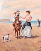 Charles Parker (20th century) Mother and child along with a donkey on a beach, oil on canvas,
