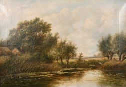 Joseph Thors (1835-1884) Dutch, figures by a riverbank with cattle in a distant landscape, oil on