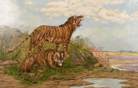 20th century school, Two tigers by a watering hole in a colourful savannah landscape, oil on canvas,