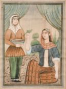 19th century Indian school, A scene of female figures, one holding a bird, watercolour, 6