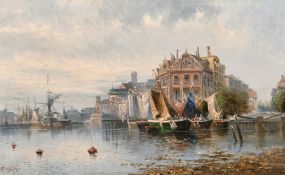 F. Herink/Karl Kaufmann (1843/1901) Austrian, boats drying sails on a town quay, oil on canvas,