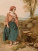 19th century, A maiden filling a jug at a mountain stream, oil on mahogany panel, 13