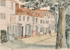 English school, Circa 1977, A view of a town street, serigraph and watercolour, signed and