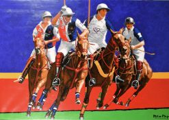 A Polo Pop Art Painting depicting players in full flight, acrylic, 42