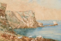 19th/20th century school, A view of a cove with sailboats beyond, watercolour, 13