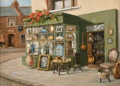 R. Howitt, 20th century, An antique shop on a street corner, oil on board, signed, 13