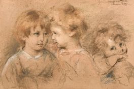 Late 19th century, Italian school, a chalk drawing of three young children, indistinctly signed