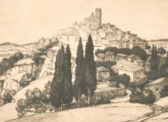 Frederick Marriott (1860-1941) British, A view of St Paul de Vence, France, engraving, signed and