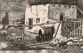William Fulljames (b. 1939) British, figures in Ibiza, wood engraving, numbered 2/75, signed and
