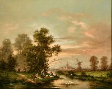 Gudron Sibbons (b. 1925) A Washerwoman by a riverbank with a windmill and cathedral beyond, oil on