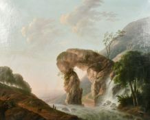 Early 19th century Continental school, figures resting by a torrent with a waterfall and hillside