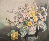 Constance Fears (1895-1988) British, still life of flowers in a Chinese vase, oil on canvas board,