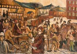 Derek Higginson (1930-2020) British, Figures at a busy street market with a bridge beyond, oil on