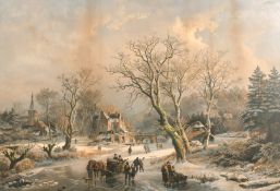 After B. C. Koekkoek, villagers on a frozen waterway, lithograph, 23