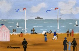 Margaret Chapman (1940-2000) British, Figures on a French beach with a paddle steam ship beyond, oil