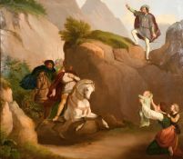 Hilger, A scene of a horseman shot by an arrow with a triumphant archer on a rock, oil on metal,