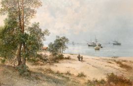 Josefina Holmland (1827-1905) Danish, figures walking on a beach with ships moored beyond, oil on