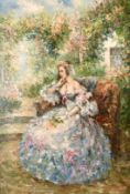 W. Allen (20th century) An elegant lady seated in a flowering garden, oil on canvas, signed, 36