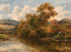 Carl Brennir (1850-1920) British, figures by a river with hills beyond, oil on canvas laid down,