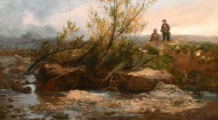 Brooke (19th century) English school, 'Stalking by the river', Huntsman in a landscape, oil on