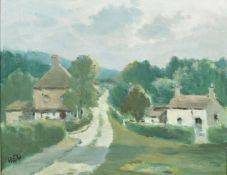 H. E. Lewis, A roadway through a village with cottages and trees, oil on panel, signed with