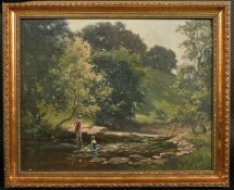 Cyril James Frost (1880-1971) British, A scene of two bathers in a woodland pool, oil on canvasboar