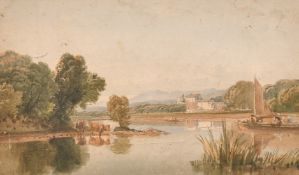 Circle of Varley, Barges on a river with buildings and hills beyond, watercolour, 7
