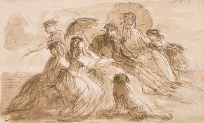 Circle of John Leech, Figures gathered on a beach, ink and wash, with another humorous sketch,