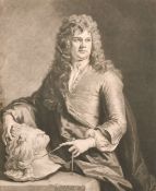 After Godfrey Kneller, 'Mr Grinlin Gibbons', mezzotint, along with two other antique portrait