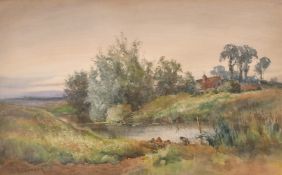 J.C. Scherbey, British, Figures on a riverbank with a sailboat and a castle beyond, watercolour,