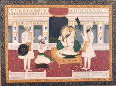 A Sikh school Indian painting of a Guru with servants in attendance, watercolour and gouache, 9