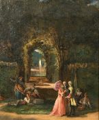 Attributed to Jean Carolus (1814-1897) Belgian, Elegant figures in a formal garden, oil on panel,