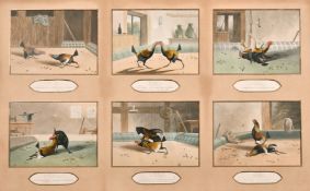 After Alken, a set of six lithographs of cock fighting scenes, shown in a single mount, visible size