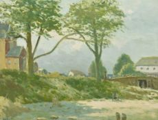 H. E. Lewis, A scene of houses and trees by a bridge, oil on panel, signed with initials, 16