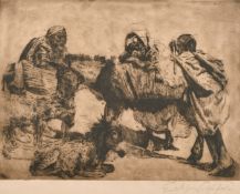 Erich Wolfsfield (1885-1956) German, A North African scene of figures loading donkeys, etching,