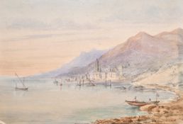 A folio of unframed drawings including an Italian harbour scene, and some prints including a