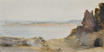 Attributed to Jessie Corrie, A coastal scene with ruins in the foreground, watercolour, signed and