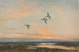 Peter Scott (1909-1989) British, A scene of flying birds at dusk, lithograph, signed in pencil,
