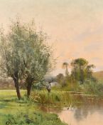Early 20th century French school, An angler by a river at dusk, oil on canvas, signed 'Keppler'?,