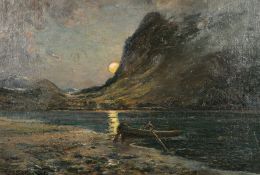 W. Scott Hudson (19th/20th century) British, figures launching a rowing boat on a mountain lake,