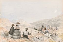 19th century English school, 'On Ingleborough' a walking party in the Yorkshire Dales,