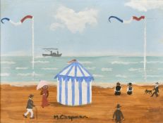 Margaret Chapman (1940-2000) British, Figures on a French beach with a paddle steam ship beyond, oil