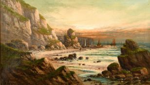 M. C. Hider (19th/20th century) British, a coastal scene with figures and boats by a rocky headland,