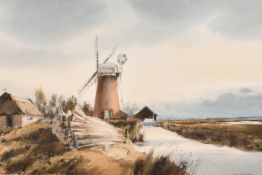 Leslie L H Moore, A Broadland scene with a windmill, watercolour, signed, 14.25