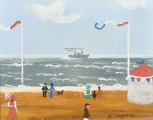 Margaret Chapman (1940-2000) British, Figures on a French beach with a paddle steam ship beyond, oil