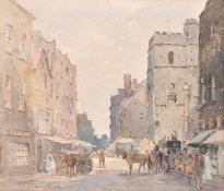 P.B. Ballard, A bustling street scene with figures and carriages, watercolour, signed and dated '