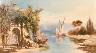 George Ireton, Figures resting on a stone by the river side with sail boats beyond, oil on canvas,