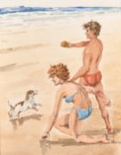 20th century school, A young couple and their dog on a beach, watercolour, 10