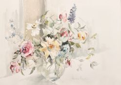 Barbara Crowe (b. 1942) British, An arrangement of flowers in a glass vase, watercolour, signed in