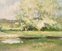 Jean Pierre Ferrand (1902-1983) French, A river landscape with trees and cottages beyond, oil on